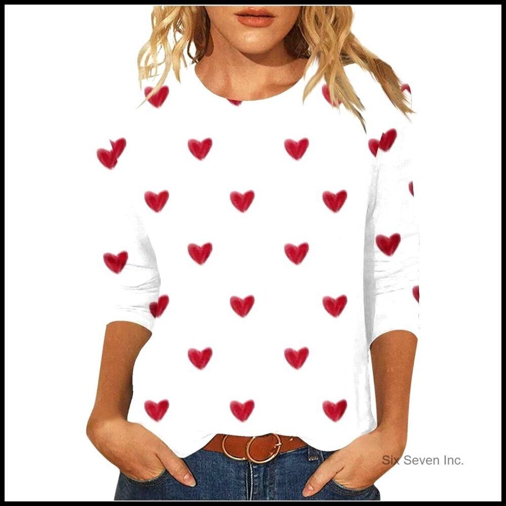 Valentine Graphic Tee 3/4 Sleeve Crew Neck Love Heart Printed Women's T-Shirt